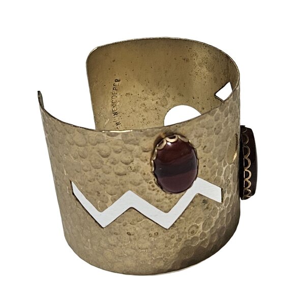 Vintage Hammered Copper Cuff Bracelet Red Stones Geometric Cutouts Boho Chic - Picture 4 of 7